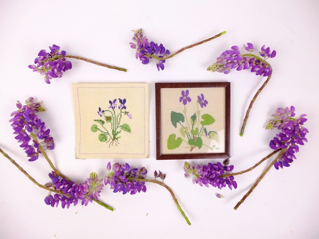Twee schilderijtjes viooltjes met Lupinerand