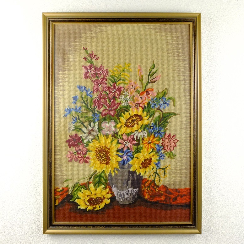 Geborduurd schilderij zonnebloemen