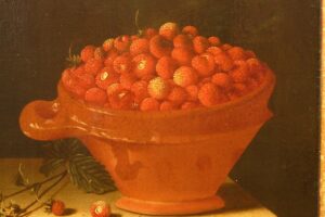 Uitsnede schilderij aardbeien Adriaen Coorte
