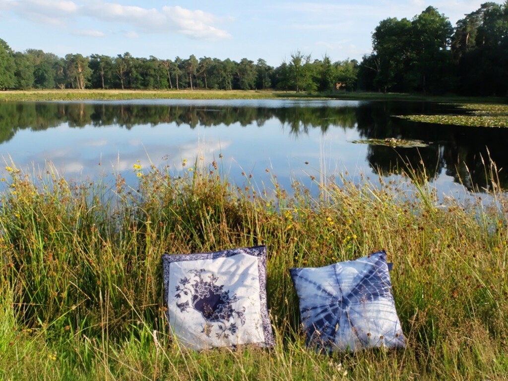 Twee blauwe kussens bij water