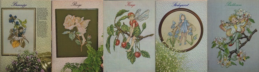 Vijf afbeeldingen flower fairy's uit Ariadne